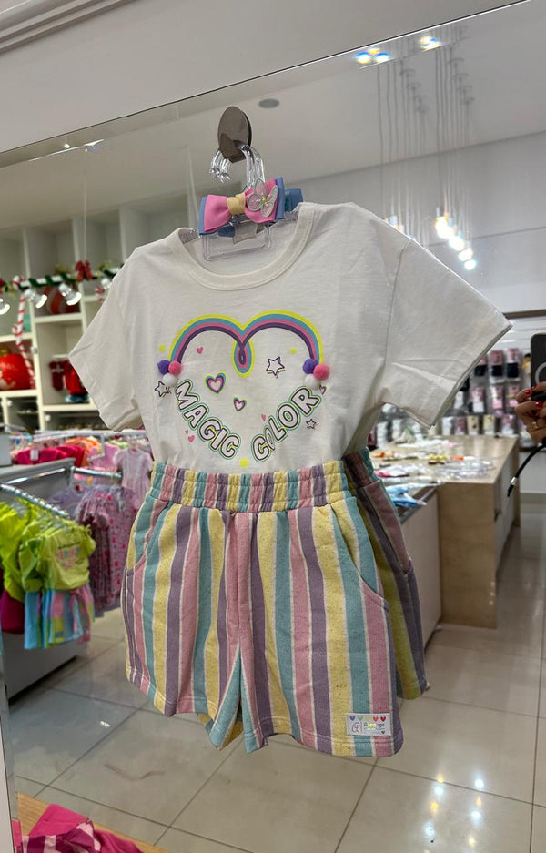 CONJUNTO BLUSA MANGA CURTA MAGIC COLOR POMPOM E SHORT LISTRADO MENINA ABRANGE - CONJUNTO INFANTIL FEMININO - CONJUNTO MENINA - MENINA