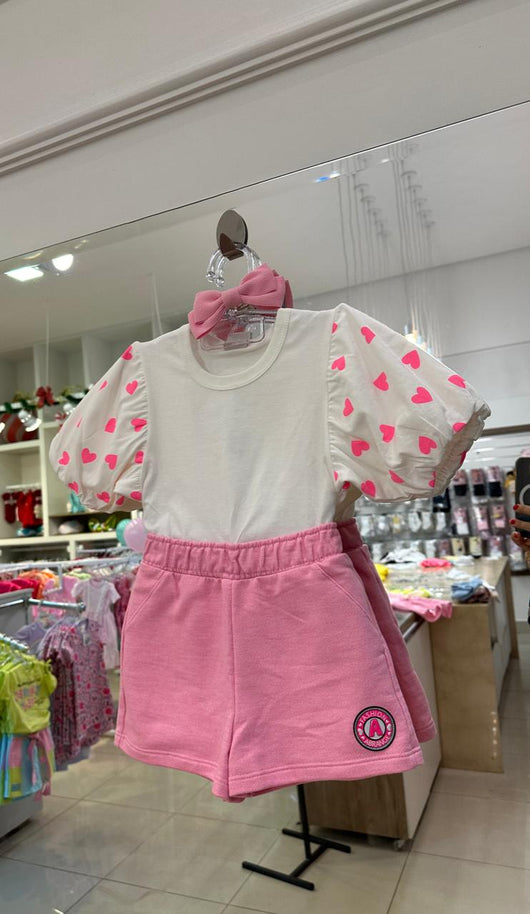 CONJUNTO BLUSA MANGA CURTA BUFANTE CORAÇÕES E SHORT MOLETINHO FASHION MENINA ABRANGE - CONJUNTO INFANTIL FEMININO - CONJUNTO MENINA - MENINA