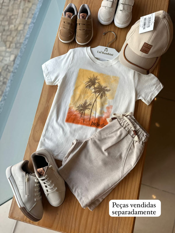 CONJUNTO CAMISETA MANGA CURTA POR DO SOL E COQUEIROS COM BERMUDA MENINO FAKINI