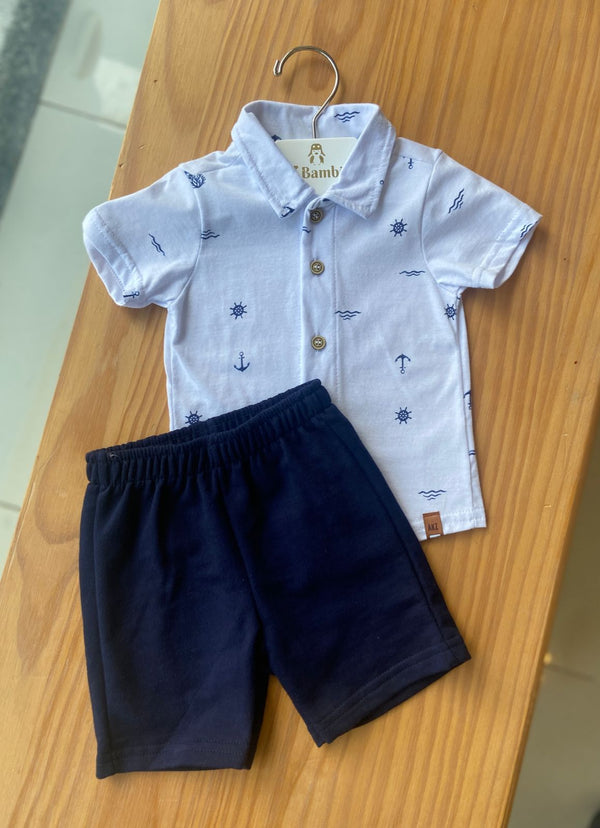 CONJUNTO CAMISA MANGA CURTA E BERMUDA ÂNCORAS COM BOTÕES MENINO ALAKAZOOO - CONJUNTO INFANTIL MASCULINO - CONJUNTO MENINO - COR BRANCA
