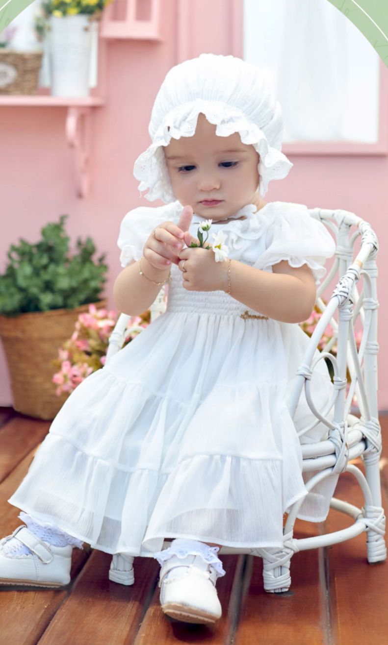 CONJUNTO BATIZADO VESTIDO MANGA CURTA COM GOLA E TOUCA BORDADA MENINA SERENA - BATIZADO MENINA - CONJUNTO INFANTIL FEMININO - CONJUNTO MENINA