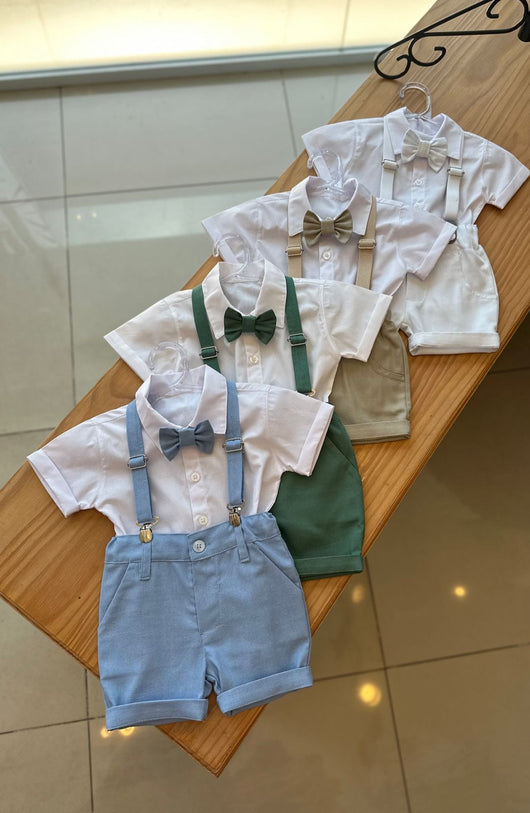 CONJUNTO CAMISA MC BERMUDA GRAVATA SUSPENSORIO LISO MENINO MAGIC ZOO - cf-cor-azul-claro - cf-cor-bege - cf-cor-cinza