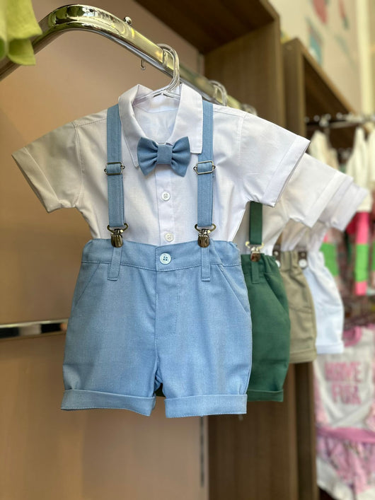 CONJUNTO CAMISA MC BERMUDA GRAVATA SUSPENSORIO LISO MENINO MAGIC ZOO - cf-cor-azul-claro - cf-cor-bege - cf-cor-cinza
