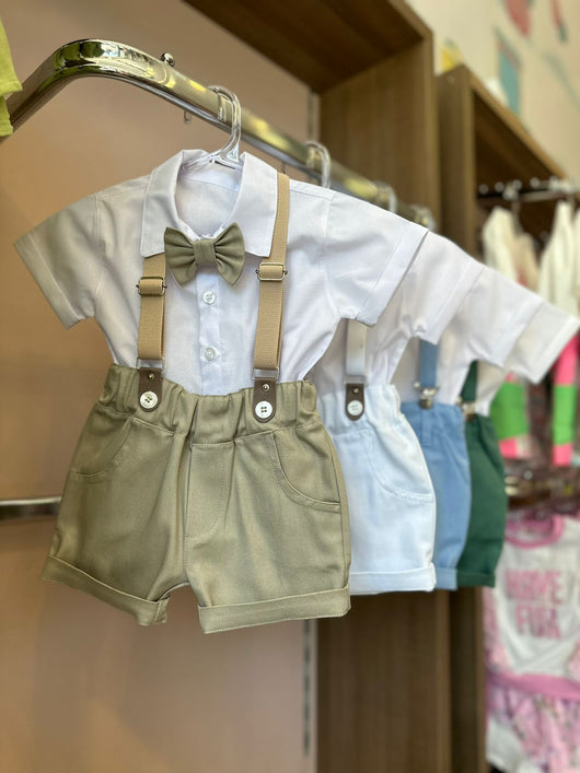 CONJUNTO CAMISA MC BERMUDA GRAVATA SUSPENSORIO LISO MENINO MAGIC ZOO - cf-cor-azul-claro - cf-cor-bege - cf-cor-cinza