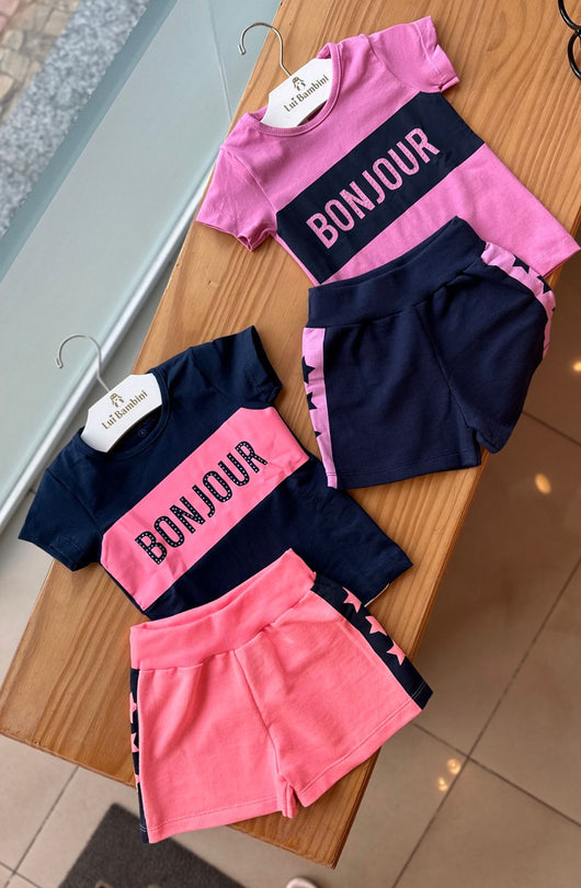 CONJUNTO BLUSA MANGA CURTA BONJOUR STRASS E SHORT ESTRELAS MENINA BICHO BAGUNÇA - CONJUNTO INFANTIL FEMININO - CONJUNTO MENINA - MENINA