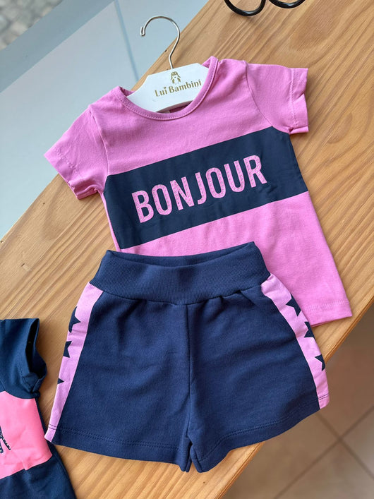 CONJUNTO BLUSA MANGA CURTA BONJOUR STRASS E SHORT ESTRELAS MENINA BICHO BAGUNÇA - CONJUNTO INFANTIL FEMININO - CONJUNTO MENINA - MENINA