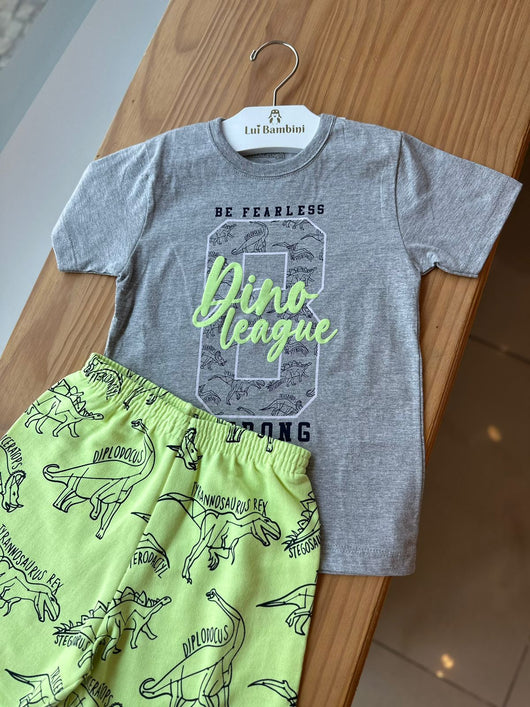 CONJUNTO CAMISETA MANGA CURTA DINO LEAGUE E BERMUDA DINOSSAUROS MENINO BICHO BAGUNÇA - CONJUNTO INFANTIL MASCULINO - CONJUNTO MENINO - MENINO