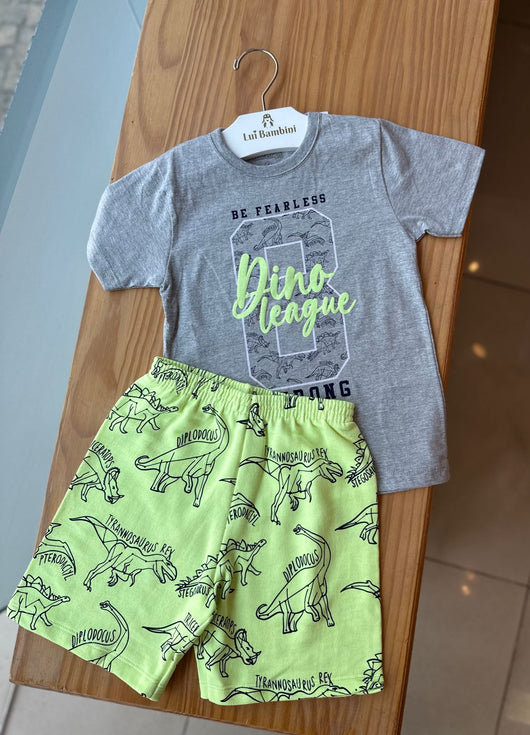 CONJUNTO CAMISETA MANGA CURTA DINO LEAGUE E BERMUDA DINOSSAUROS MENINO BICHO BAGUNÇA - CONJUNTO INFANTIL MASCULINO - CONJUNTO MENINO - MENINO