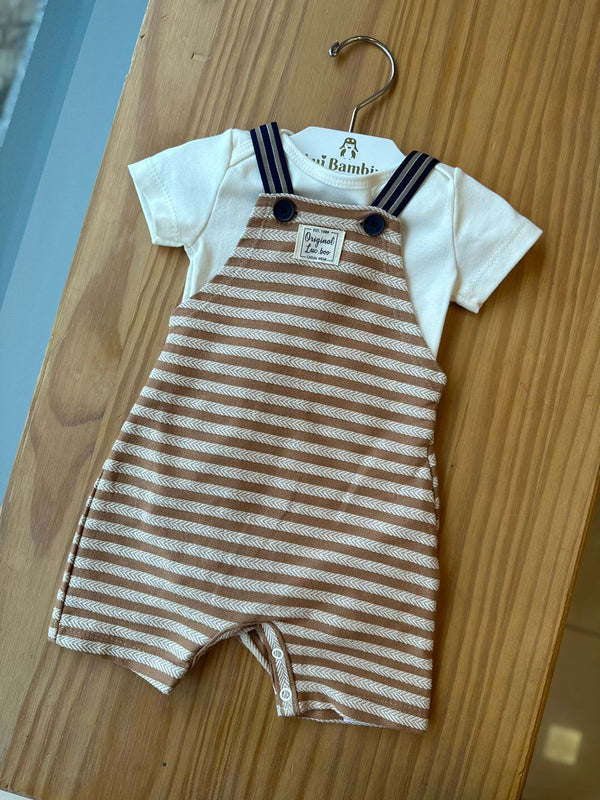 CONJUNTO BODY MANGA CURTA LISO COM JARDINEIRA ALÇA ELÁSTICO LISTRAS MENINO LUC BOO