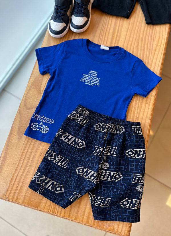 CONJUNTO CAMISETA MANGA CURTA TECHNO E BERMUDA MOLETINHO GAMER MENINO FAKINI