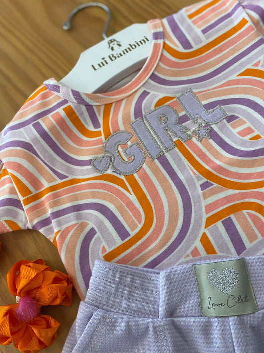 CONJUNTO BLUSA MANGA CURTA GIRL BORDADO COM SHORT LISTRAS E BOLSO MENINA COLORITTA - CONJUNTO INFANTIL FEMININO - CONJUNTO MENINA - MENINA