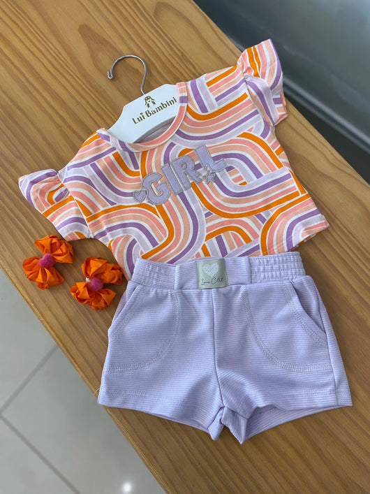 CONJUNTO BLUSA MANGA CURTA GIRL BORDADO COM SHORT LISTRAS E BOLSO MENINA COLORITTA - CONJUNTO INFANTIL FEMININO - CONJUNTO MENINA - MENINA