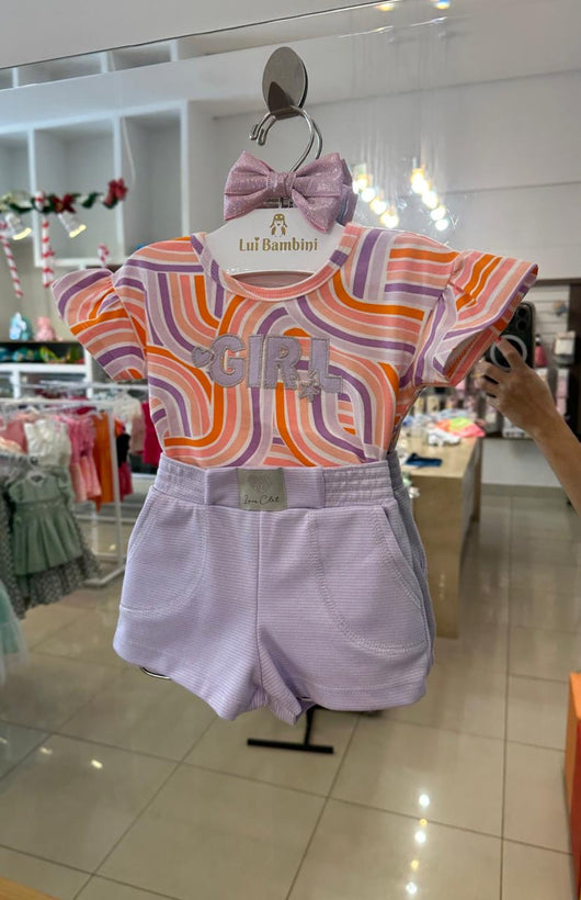 CONJUNTO BLUSA MANGA CURTA GIRL BORDADO COM SHORT LISTRAS E BOLSO MENINA COLORITTA - CONJUNTO INFANTIL FEMININO - CONJUNTO MENINA - MENINA