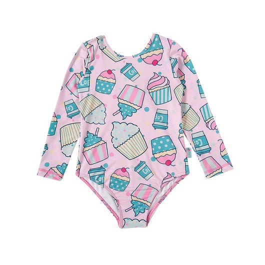 BODY MANGA LONGA COM BABADO E LAÇO CAFÉ CUPCAKES PROTEÇÃO UV50+ MENINA TIP TOP - -