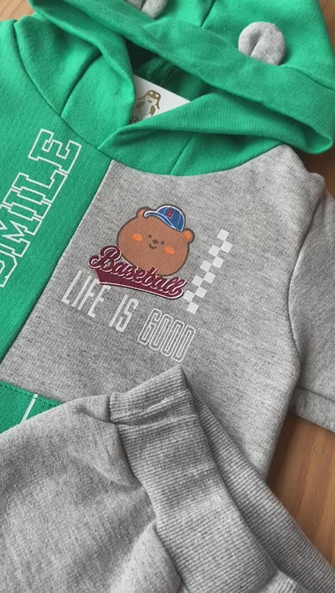 CONJUNTO MOLETOM MANGA LONGA CAPUZ BOLSO E CALÇA URSO BASEBALL MENINO FAKINI