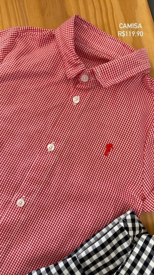 CAMISA MANGA CURTA XADREZ EM TRICOLINE COM BORDADO E BOTÕES MENINO ONDA MARINHA - CAMISA MENINO - MENINO - NATAL MENINO