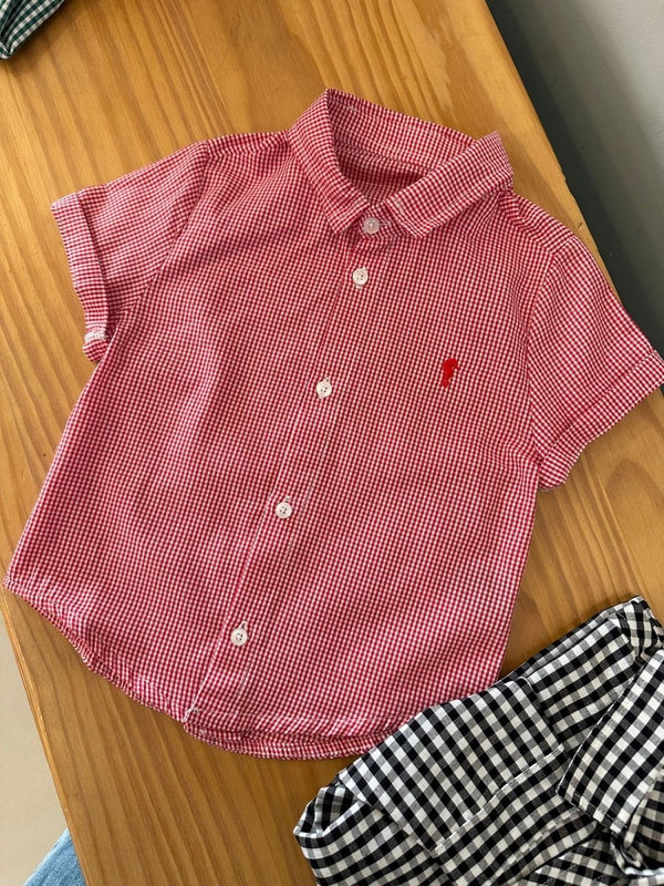 CAMISA MANGA CURTA XADREZ EM TRICOLINE COM BORDADO E BOTÕES MENINO ONDA MARINHA - CAMISA MENINO - MENINO - NATAL MENINO