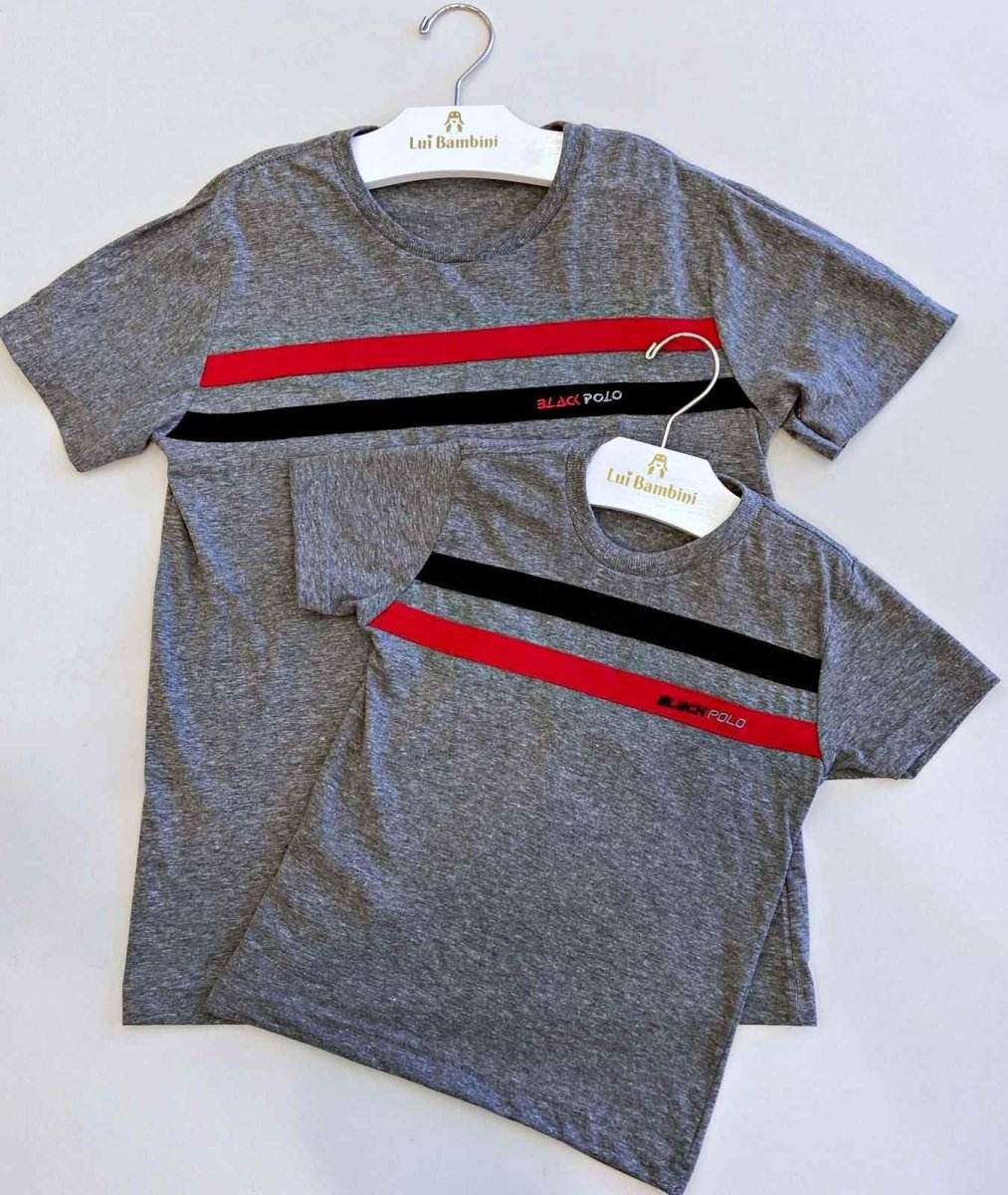 CAMISETA MANGA CURTA DUAS FAIXAS PAI E FILHO MENINO LUI BAMBINI - CAMISETA MENINO - cf-cor-azul-escuro - cf-cor-cinza-claro