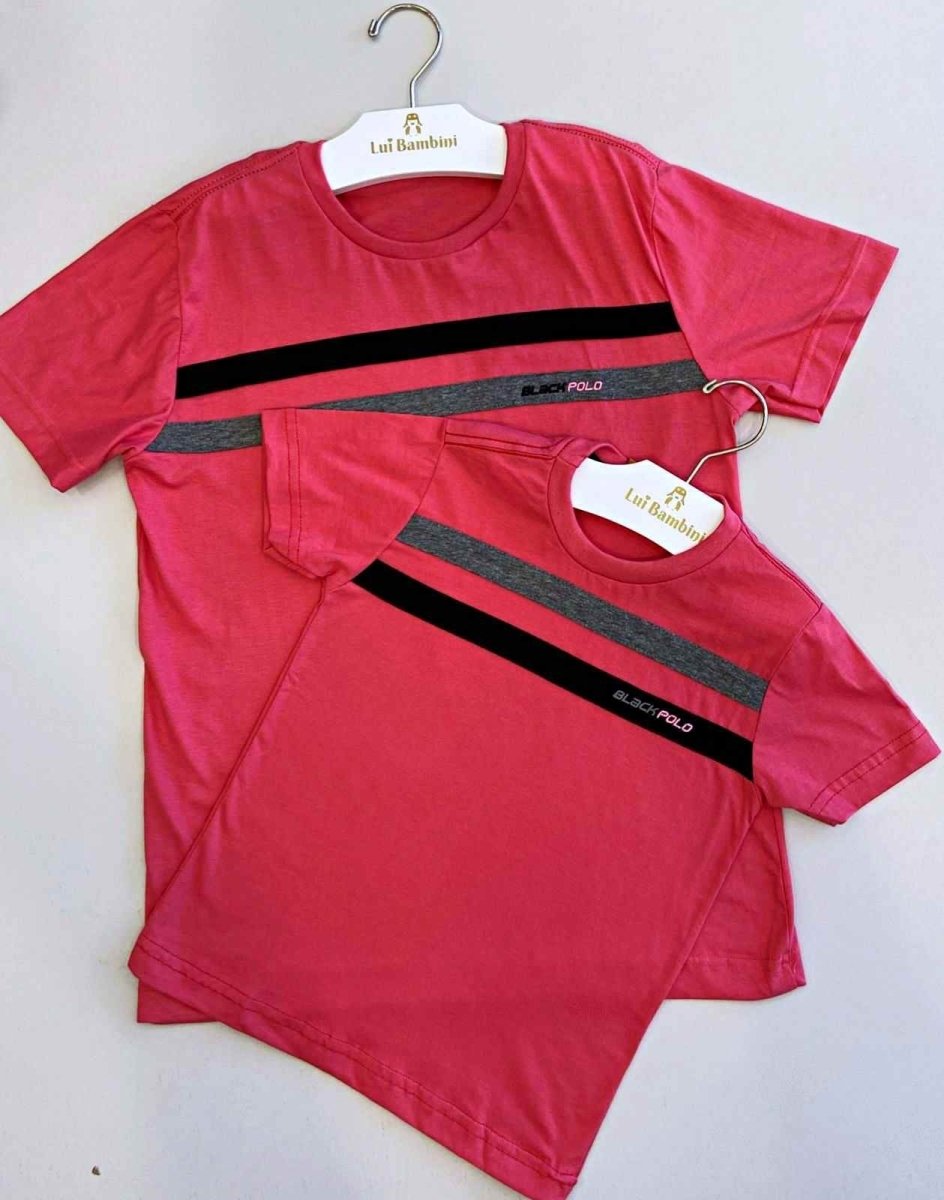 CAMISETA MANGA CURTA DUAS FAIXAS PAI E FILHO MENINO LUI BAMBINI - CAMISETA MENINO - cf-cor-azul-escuro - cf-cor-cinza-claro