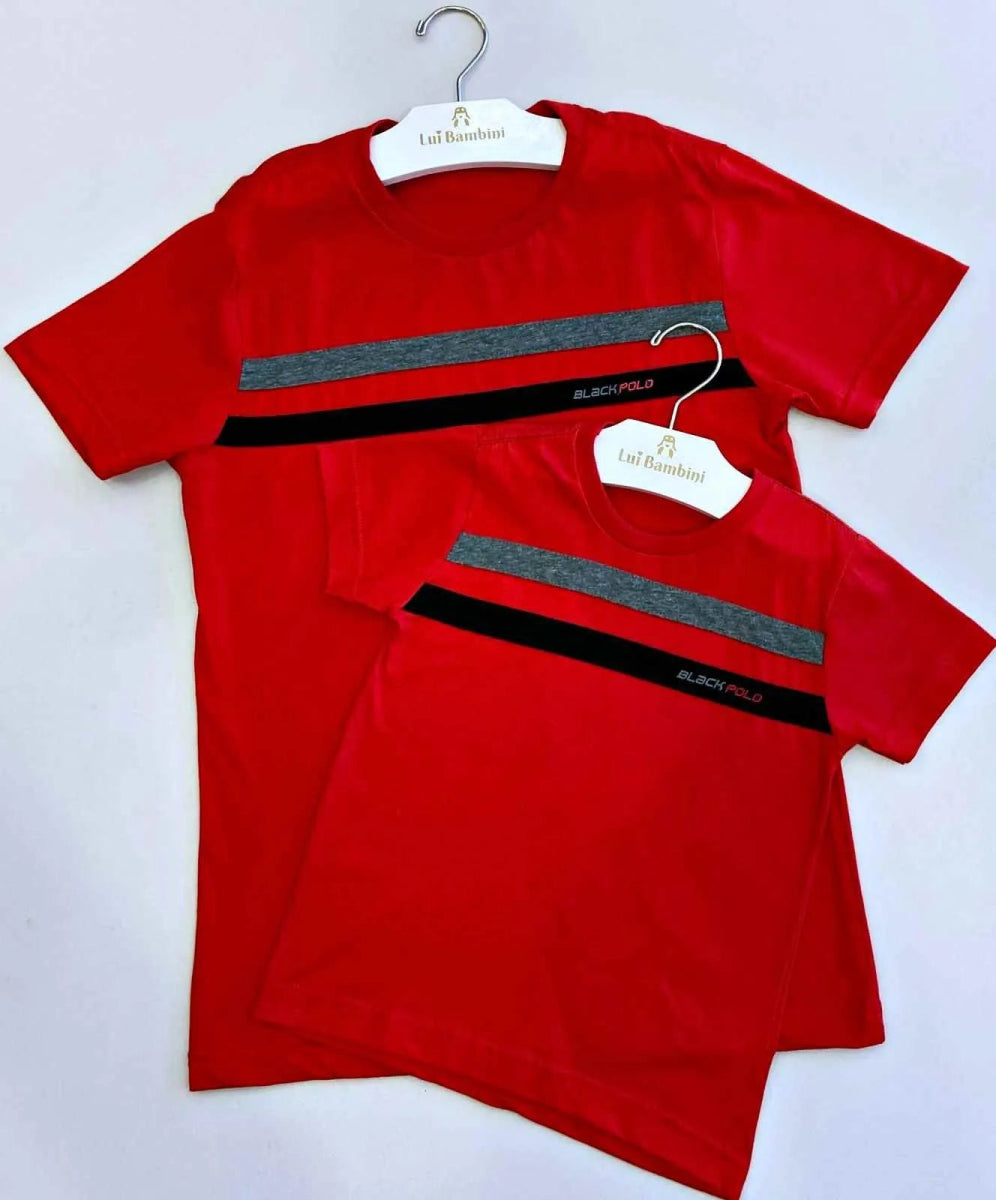CAMISETA MANGA CURTA DUAS FAIXAS PAI E FILHO MENINO LUI BAMBINI - CAMISETA MENINO - cf-cor-azul-escuro - cf-cor-cinza-claro