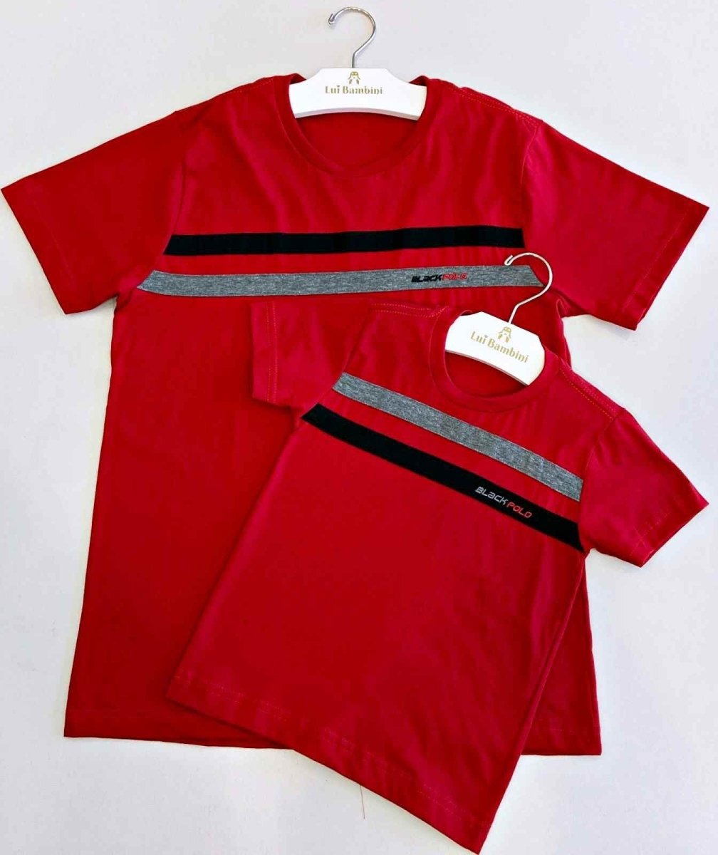 CAMISETA MANGA CURTA DUAS FAIXAS PAI E FILHO MENINO LUI BAMBINI - CAMISETA MENINO - cf-cor-azul-escuro - cf-cor-cinza-claro