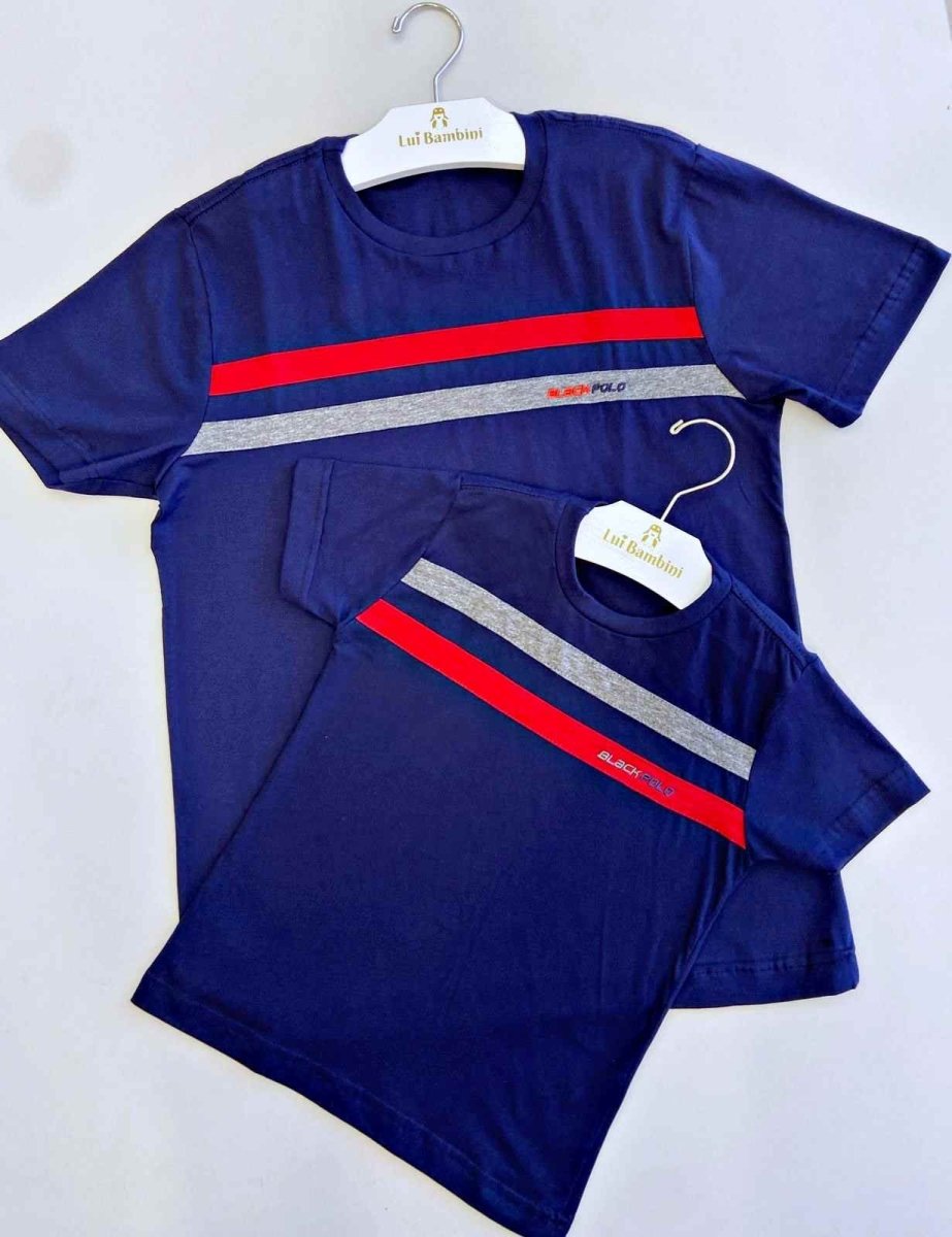 CAMISETA MANGA CURTA DUAS FAIXAS PAI E FILHO MENINO LUI BAMBINI - CAMISETA MENINO - cf-cor-azul-escuro - cf-cor-cinza-claro