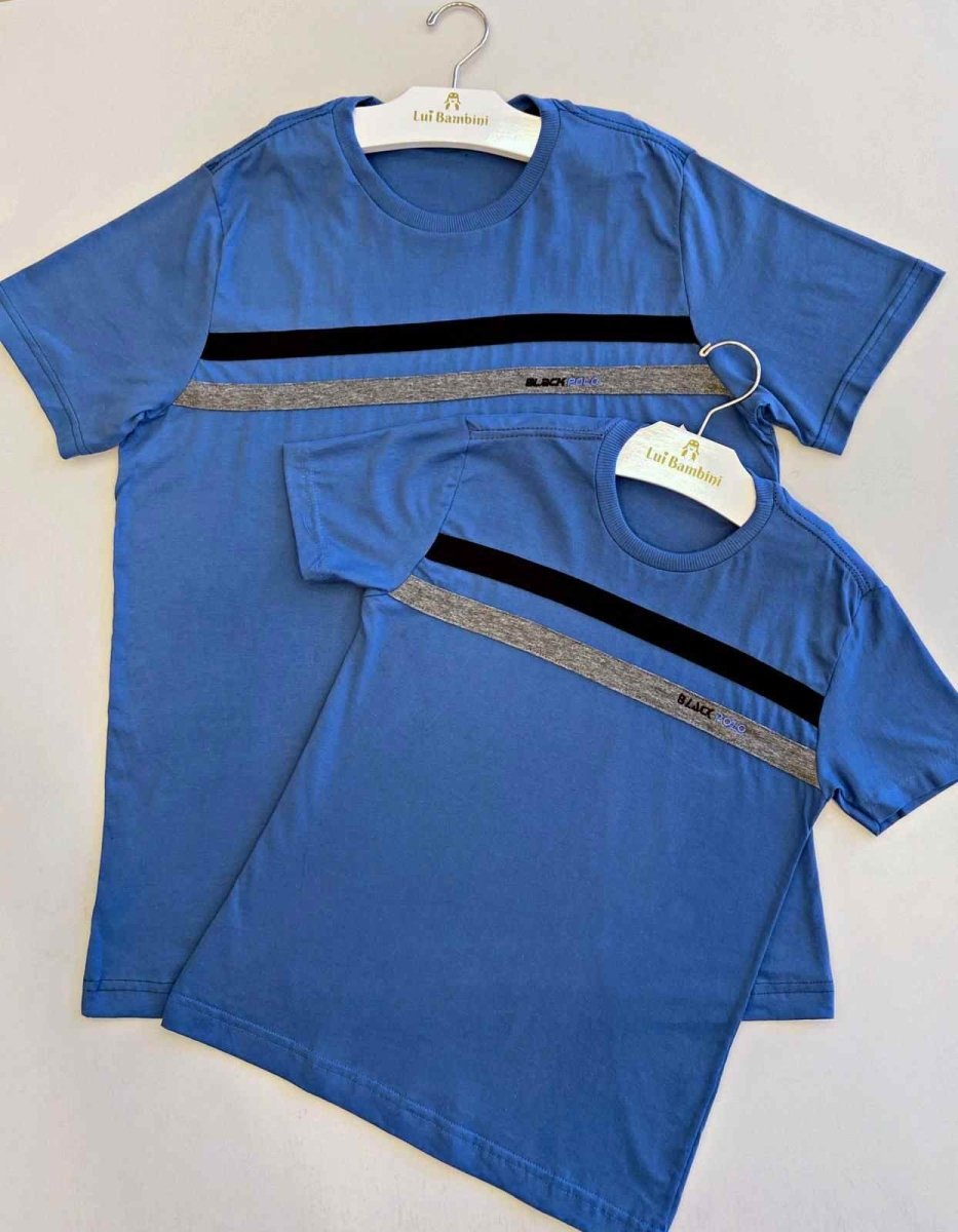 CAMISETA MANGA CURTA DUAS FAIXAS PAI E FILHO MENINO LUI BAMBINI - CAMISETA MENINO - cf-cor-azul-escuro - cf-cor-cinza-claro