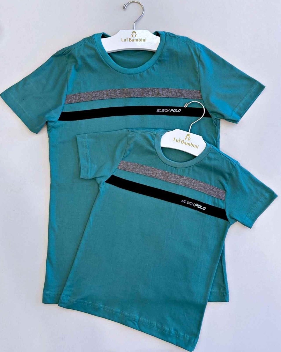 CAMISETA MANGA CURTA DUAS FAIXAS PAI E FILHO MENINO LUI BAMBINI - CAMISETA MENINO - cf-cor-azul-escuro - cf-cor-cinza-claro