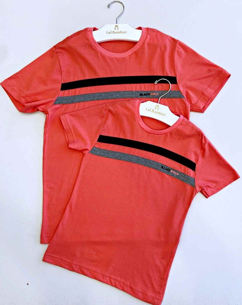 CAMISETA MANGA CURTA DUAS FAIXAS PAI E FILHO MENINO LUI BAMBINI - CAMISETA MENINO - cf-cor-azul-escuro - cf-cor-cinza-claro
