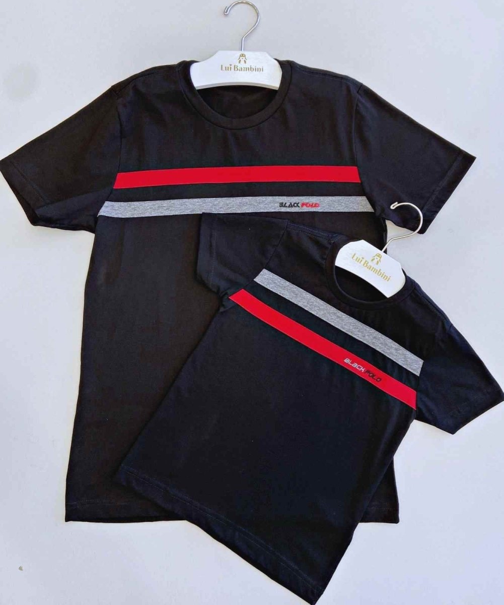 CAMISETA MANGA CURTA DUAS FAIXAS PAI E FILHO MENINO LUI BAMBINI - CAMISETA MENINO - cf-cor-azul-escuro - cf-cor-cinza-claro
