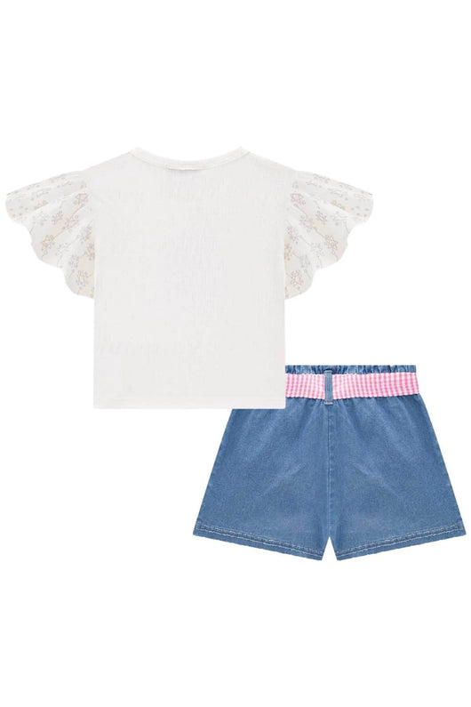 CONJUNTO BLUSA BOXY MANGA CURTA LAISE COM SHORT JEANS FLORES BORDADAS MENINA KUKIE - CONJUNTO MENINA - MENINA - MODA INFANTIL MENINA