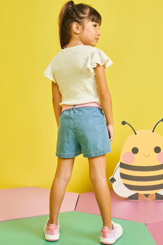 CONJUNTO BLUSA BOXY MANGA CURTA LAISE COM SHORT JEANS FLORES BORDADAS MENINA KUKIE - CONJUNTO MENINA - MENINA - MODA INFANTIL MENINA
