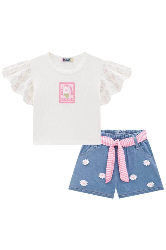 CONJUNTO BLUSA BOXY MANGA CURTA LAISE COM SHORT JEANS FLORES BORDADAS MENINA KUKIE - CONJUNTO MENINA - MENINA - MODA INFANTIL MENINA