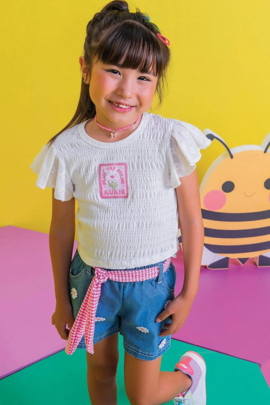 CONJUNTO BLUSA BOXY MANGA CURTA LAISE COM SHORT JEANS FLORES BORDADAS MENINA KUKIE - CONJUNTO MENINA - MENINA - MODA INFANTIL MENINA