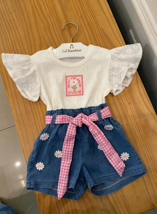 CONJUNTO BLUSA BOXY MANGA CURTA LAISE COM SHORT JEANS FLORES BORDADAS MENINA KUKIE - CONJUNTO MENINA - MENINA - MODA INFANTIL MENINA