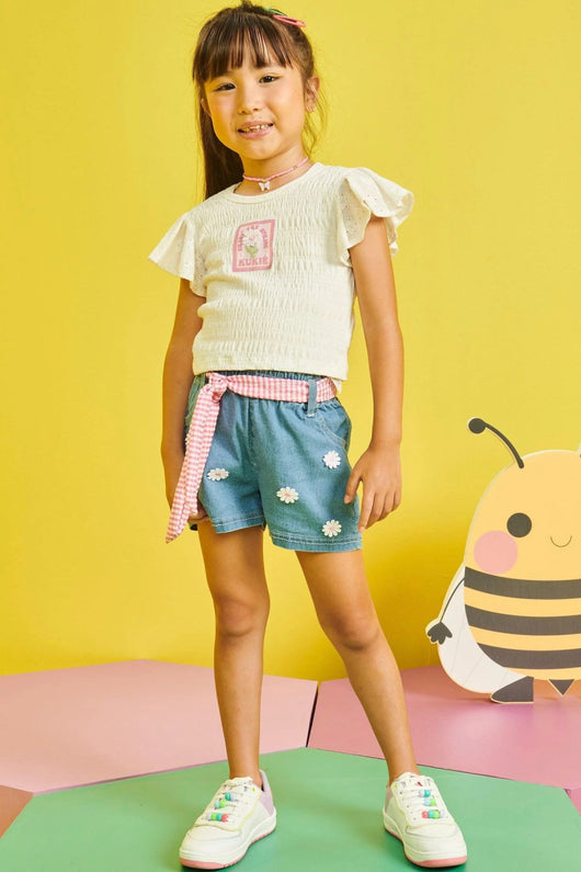 CONJUNTO BLUSA BOXY MANGA CURTA LAISE COM SHORT JEANS FLORES BORDADAS MENINA KUKIE - CONJUNTO MENINA - MENINA - MODA INFANTIL MENINA