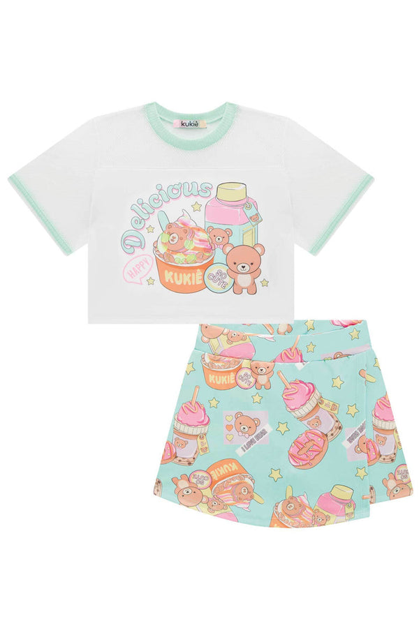 CONJUNTO BLUSA BOXY MANGA CURTA E SHORT SAIA URSINHOS E SORVETES MENINA KUKIE - CONJUNTO INFANTIL FEMININO - CONJUNTO MENINA - MENINA