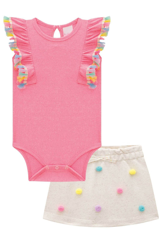 CONJUNTO BODY REGATA COM BABADO E SHORT SAIA POMPOM MENINA KUKIE - BODY MENINA - CONJUNTO INFANTIL FEMININO - CONJUNTO MENINA