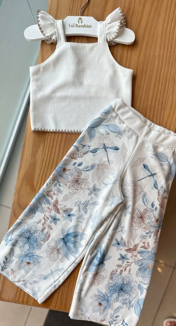 CONJUNTO BLUSA ALÇA BORDADA E CALÇA PANTACOURT FLORES STRASS MENINA KIKI XODO