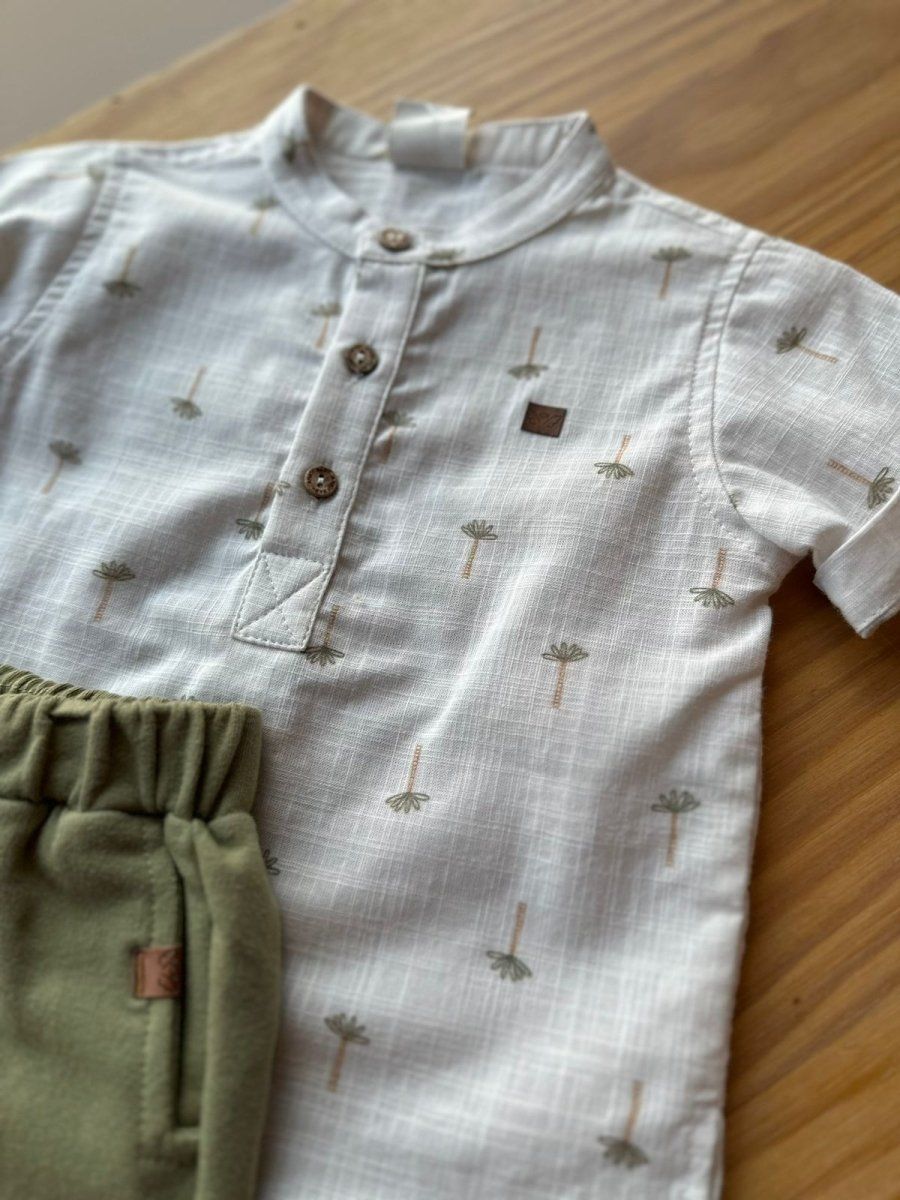 CONJUNTO BATA MANGA CURTA DOBRADA COQUEIROS E BERMUDA BOLSOS MENINO ANJOS BABY