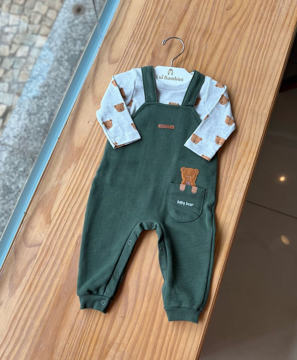 CONJUNTO CAMISETA MANGA LONGA COM JARDINEIRA CANELADA BOLSO URSOS MENINO PULLA BULLA