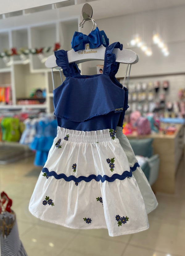 CONJUNTO BLUSA REGATA COM ALÇA E SAIA FLORES BORDADAS MENINA MOMI