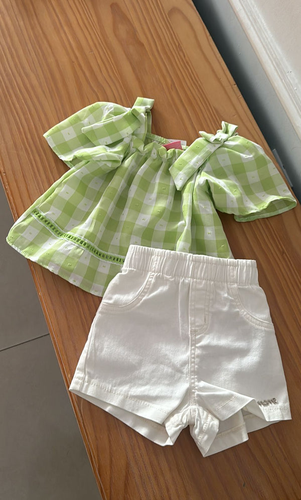 CONJUNTO BATA MANGA CURTA XADREZ COM LAÇOS E SHORT POÁ ENTREMEIOS MENINA MOMI