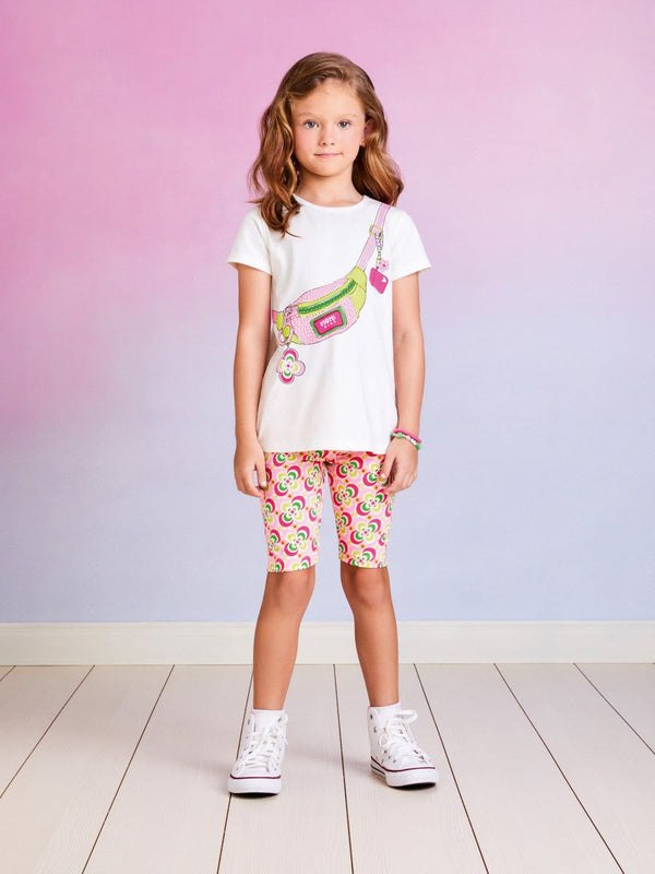 CONJUNTO BLUSA MANGA CURTA POCHETE STRASS COM BERMUDA CICLISTA FLORES MENINA MOMI