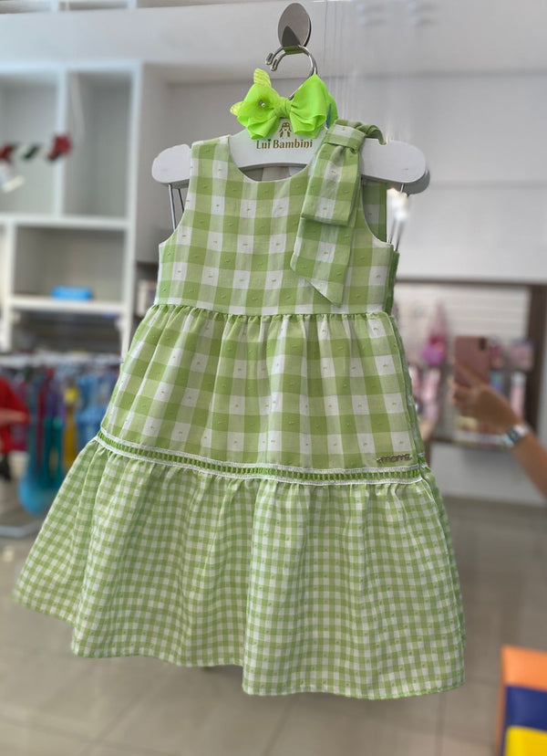 VESTIDO REGATA XADREZ QUADRICULADO LAÇO DECORATIVO E POÁ ENTREMEIOS MENINA MOMI