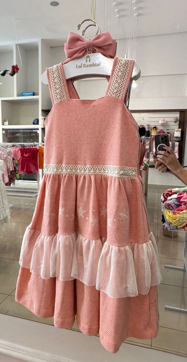 VESTIDO DE ALÇA COM RENDA TULE E BORDADO FLORAL COM PÉROLAS MENINA KIKI XODO