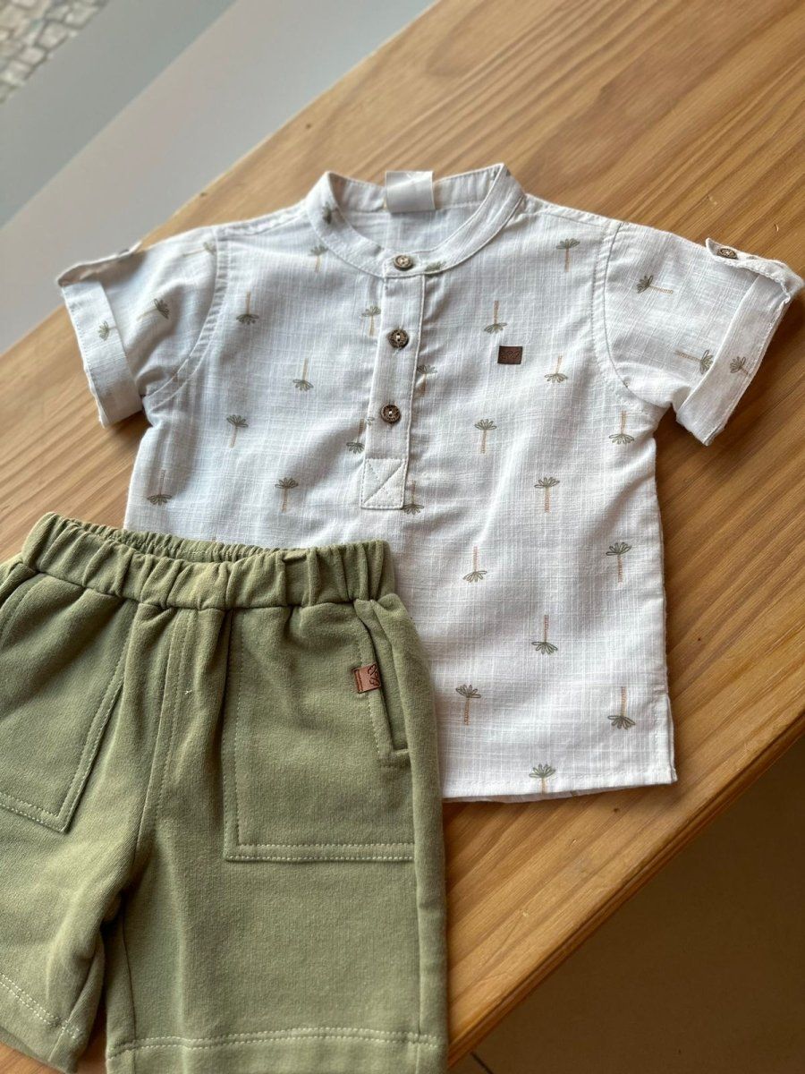 CONJUNTO BATA MANGA CURTA DOBRADA COQUEIROS E BERMUDA BOLSOS MENINO ANJOS BABY