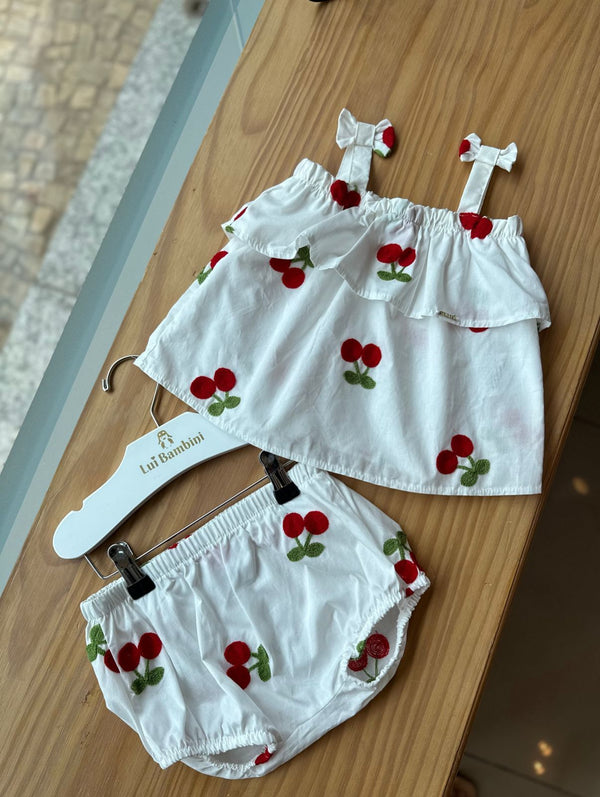 CONJUNTO BLUSA ALÇA COM BABADO E SHORT CEREJAS BORDADAS MENINA MOMI