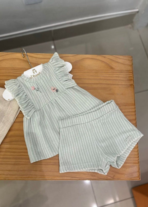 CONJUNTO BATA MANGA CURTA LISTRADA FLORES BORDADAS COM E SHORT MENINA KIKI XODO