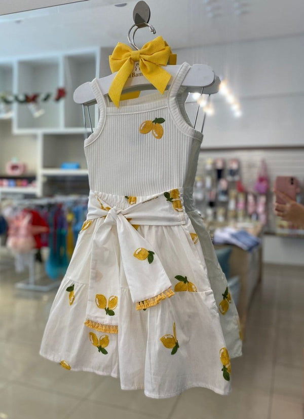 CONJUNTO BLUSA ALÇA CANELADA COM SAIA LIMÕES BORDADOS MENINA MOMI
